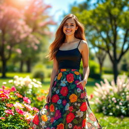 A fashionable woman wearing a stylish, flowy skirt in a vibrant floral pattern, standing in a sunny park surrounded by blooming flowers and lush greenery