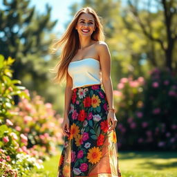 A fashionable woman wearing a stylish, flowy skirt in a vibrant floral pattern, standing in a sunny park surrounded by blooming flowers and lush greenery