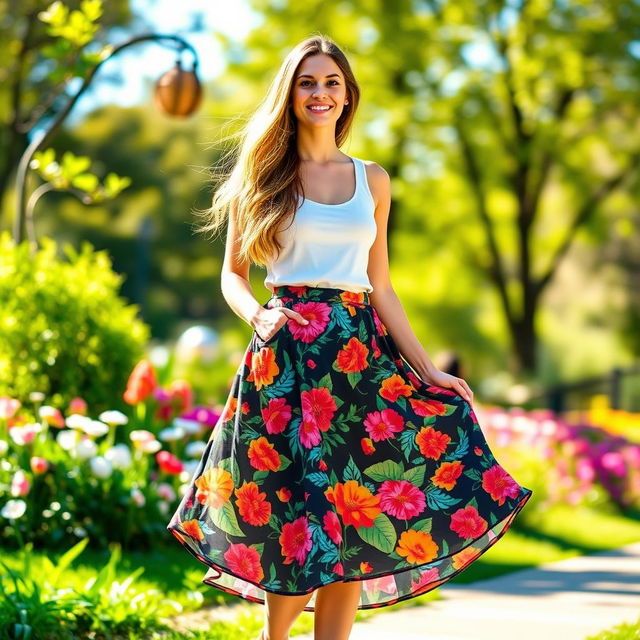 A fashionable woman wearing a stylish, flowy skirt in a vibrant floral pattern, standing in a sunny park surrounded by blooming flowers and lush greenery