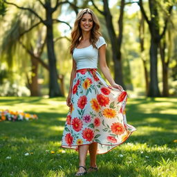 A stylish woman wearing a flowing, knee-length summer skirt, adorned with vibrant floral patterns