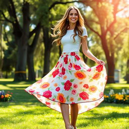 A stylish woman wearing a flowing, knee-length summer skirt, adorned with vibrant floral patterns