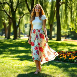 A stylish woman wearing a flowing, knee-length summer skirt, adorned with vibrant floral patterns
