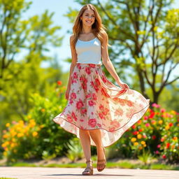 A fashionable woman wearing a stylish, flowy skirt made of light, airy fabric, standing in a beautiful outdoor setting