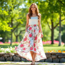 A fashionable woman wearing a stylish, flowy skirt made of light, airy fabric, standing in a beautiful outdoor setting