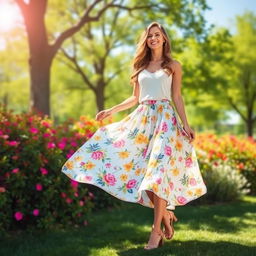 A fashionable woman wearing a stylish, flowy skirt made of light, airy fabric, standing in a beautiful outdoor setting