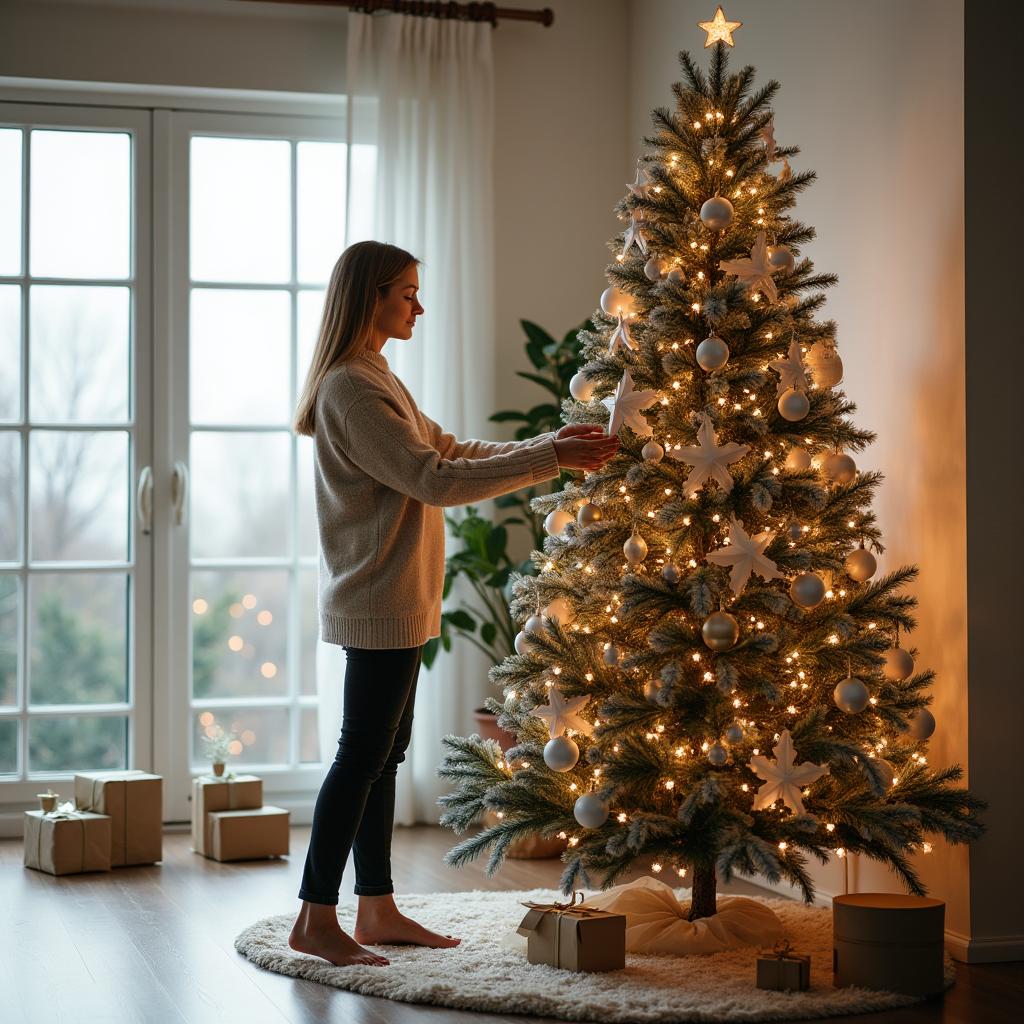 A nice blonde woman in her 30s carefully decorating a beautiful Christmas tree with elegant ornaments in a minimalistic room