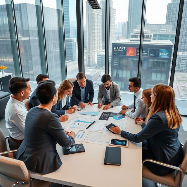 A modern and sleek commercial real estate office setting, featuring a diverse team of professionals engaged in a discussion around a large table with blueprints and digital screens displaying graphs and data