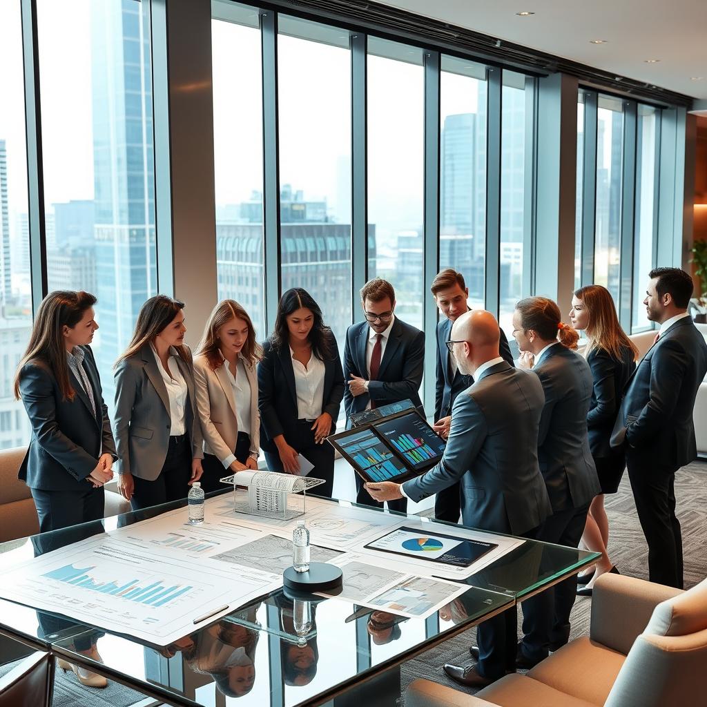 A modern and sleek commercial real estate office setting, featuring a diverse team of professionals engaged in a discussion around a large table with blueprints and digital screens displaying graphs and data