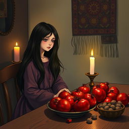 A melancholic girl with long flowing dark hair wearing a traditional Persian dress, sitting at a wooden table filled with vibrant red pomegranates, symbolizing abundance and fertility
