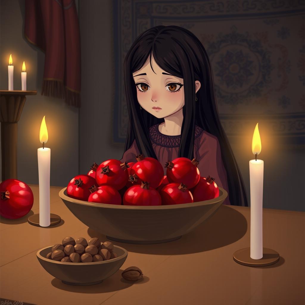 A melancholic girl with long flowing dark hair wearing a traditional Persian dress, sitting at a wooden table filled with vibrant red pomegranates, symbolizing abundance and fertility