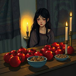 A melancholic girl with long flowing dark hair wearing a traditional Persian dress, sitting at a wooden table filled with vibrant red pomegranates, symbolizing abundance and fertility