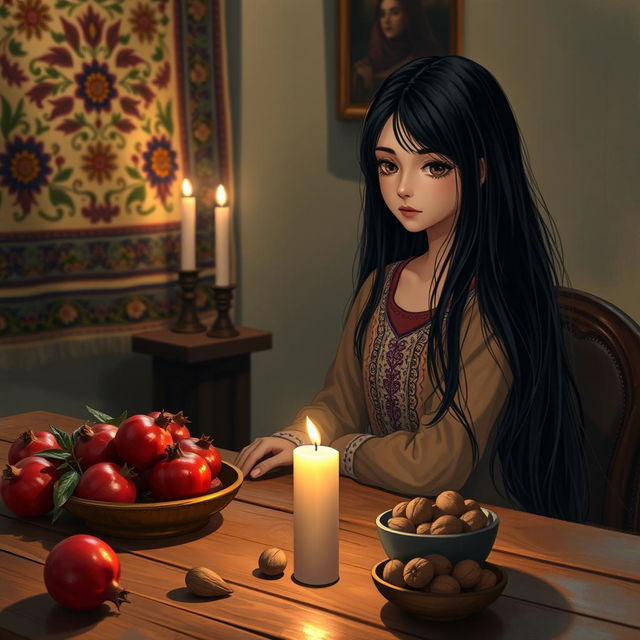 A melancholic girl with long flowing dark hair wearing a traditional Persian dress, sitting at a wooden table filled with vibrant red pomegranates, symbolizing abundance and fertility