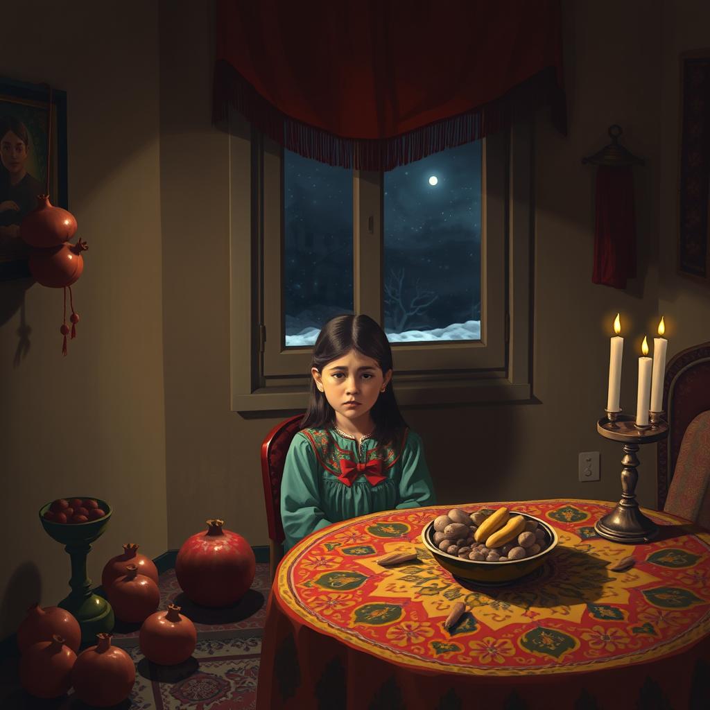 A young girl sitting alone in a dimly lit room during Yalda night, looking upset