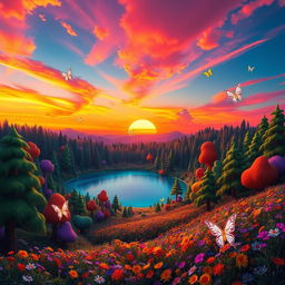 A surreal landscape featuring a vibrant sunset casting orange and pink hues across the sky