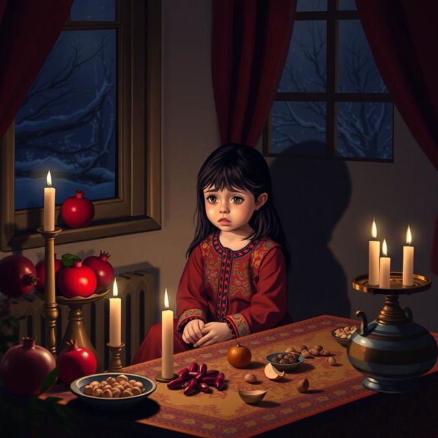 A young girl sitting alone in a dimly lit room during Yalda night, looking upset