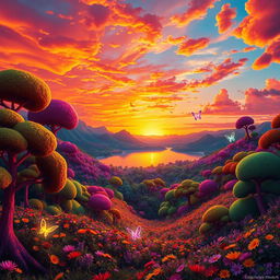 A surreal landscape featuring a vibrant sunset casting orange and pink hues across the sky