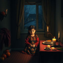 A young girl sitting alone in a dimly lit room during Yalda night, looking upset
