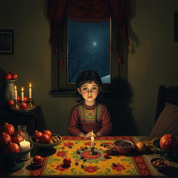 A young girl sitting alone in a dimly lit room during Yalda night, looking upset