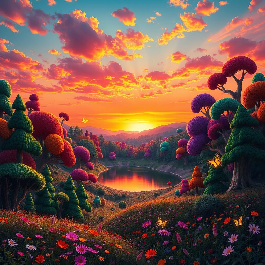 A surreal landscape featuring a vibrant sunset casting orange and pink hues across the sky