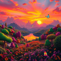 A surreal landscape featuring a vibrant sunset casting orange and pink hues across the sky