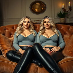 A low angle photo capturing a cozy, intimate portrait of twin curvy blonde dominatrixes with average breasts, sitting confidently on a lush, opulent sofa