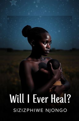 A poignant book cover for 'Will I Ever Heal?' by Siziphiwe Njongo, featuring a black woman with a look of solitude and vulnerability, holding a baby close to her chest