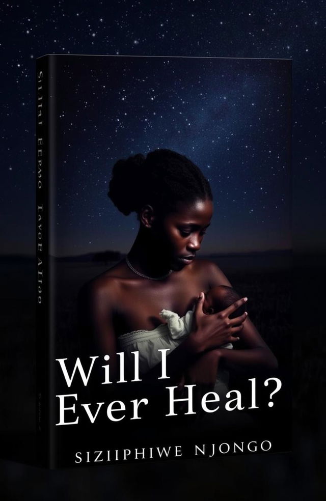 A poignant book cover for 'Will I Ever Heal?' by Siziphiwe Njongo, featuring a black woman with a look of solitude and vulnerability, holding a baby close to her chest