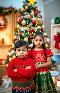 A Mexican family standing in front of a beautifully decorated Christmas tree