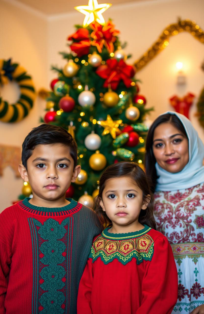 A Mexican family standing in front of a beautifully decorated Christmas tree