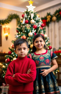 A Mexican family standing in front of a beautifully decorated Christmas tree