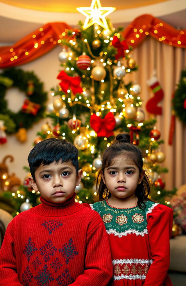 A Mexican family standing in front of a beautifully decorated Christmas tree