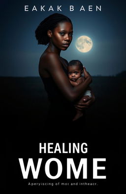 A poignant book cover design featuring a black woman holding a baby in her arms, standing in a dark, expansive field at night