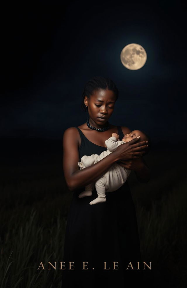 A poignant book cover design featuring a black woman holding a baby in her arms, standing in a dark, expansive field at night