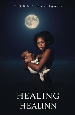 A poignant book cover design featuring a black woman holding a baby in her arms, standing in a dark, expansive field at night