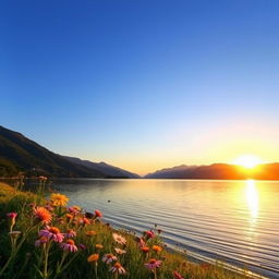 A serene landscape depicting a tranquil lake surrounded by lush green mountains under a clear blue sky