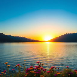 A serene landscape depicting a tranquil lake surrounded by lush green mountains under a clear blue sky