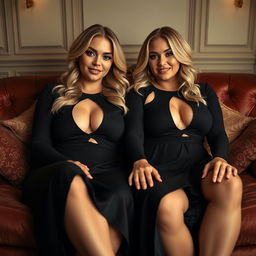 A low angle photo of a cozy, intimate portrait featuring twin curvy blonde dominatrixes with average breasts, sitting confidently on a lush, opulent sofa
