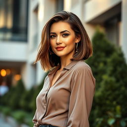 A stylish woman in her thirties with an A-line short haircut, exuding confidence and grace