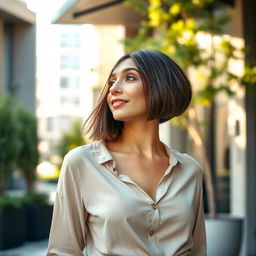 A stylish woman in her thirties with an A-line short haircut, exuding confidence and grace