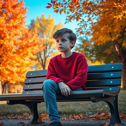A boy sitting alone on a park bench, surrounded by vibrant autumn trees with colorful leaves falling gently around him