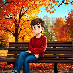 A boy sitting alone on a park bench, surrounded by vibrant autumn trees with colorful leaves falling gently around him