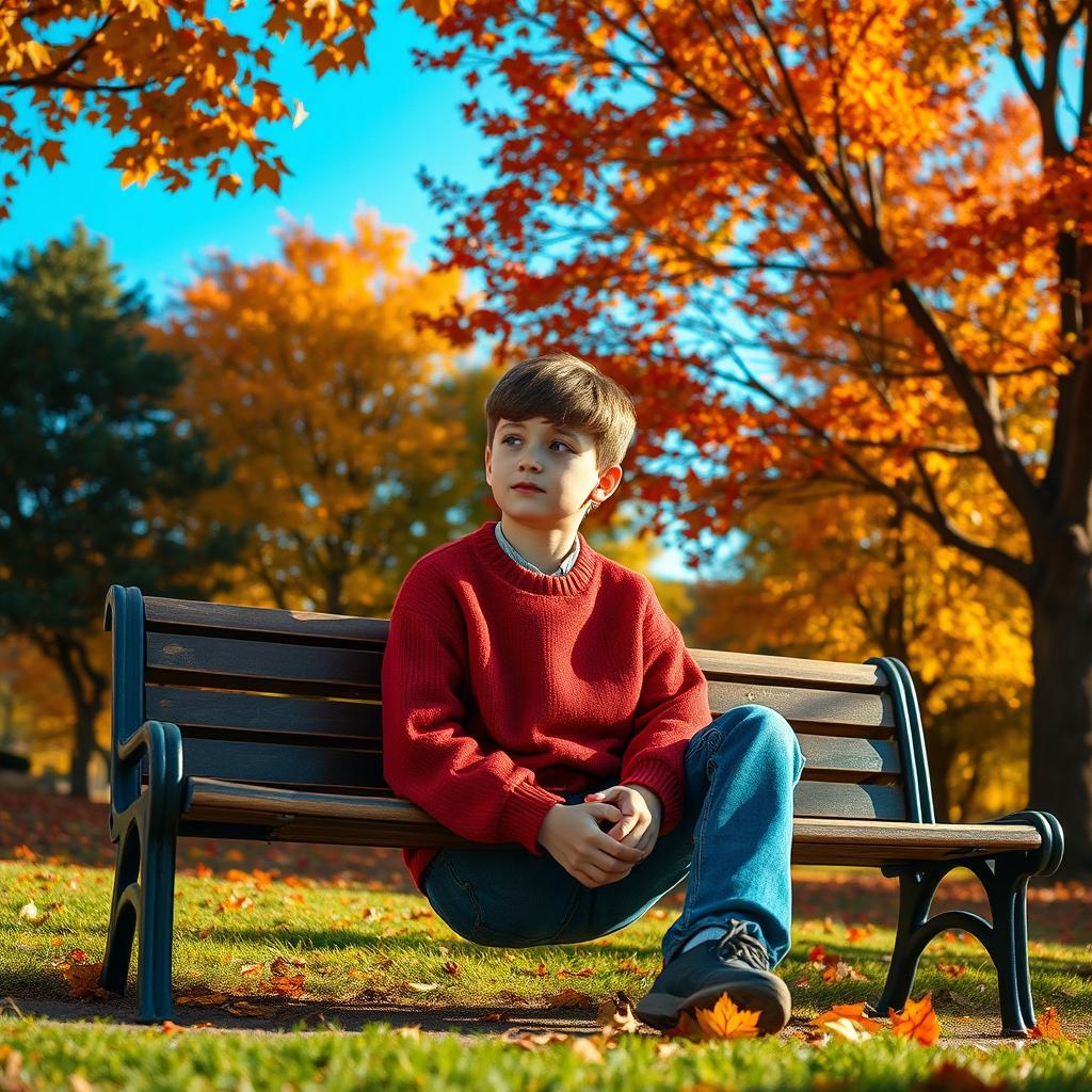 A boy sitting alone on a park bench, surrounded by vibrant autumn trees with colorful leaves falling gently around him