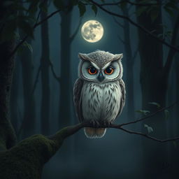 A beautiful, sad owl perched on a branch in a dimly lit forest