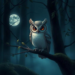 A beautiful, sad owl perched on a branch in a dimly lit forest