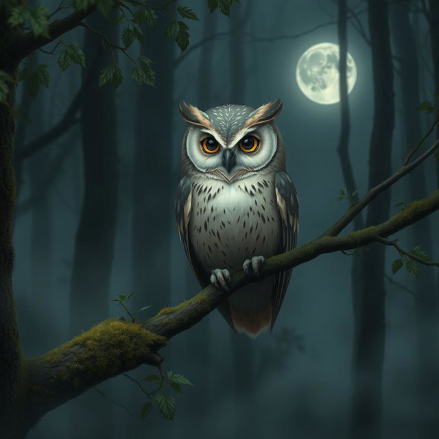 A beautiful, sad owl perched on a branch in a dimly lit forest