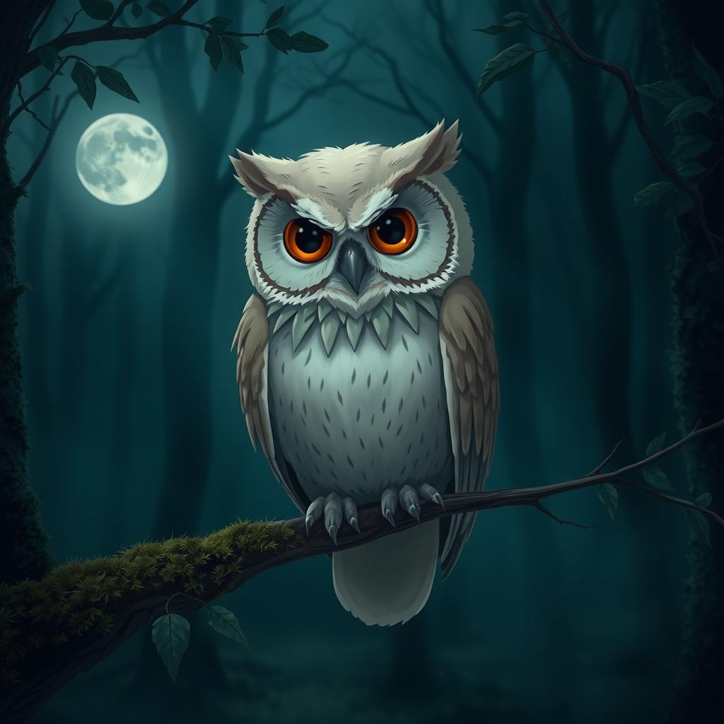 A beautiful, sad owl perched on a branch in a dimly lit forest