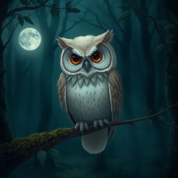 A beautiful, sad owl perched on a branch in a dimly lit forest