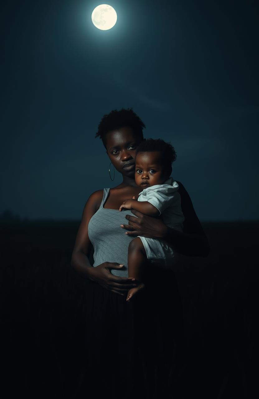 A striking image of a black woman holding a baby in a dark, vast field at night