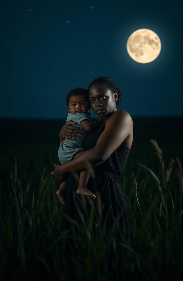 A striking image of a black woman holding a baby in a dark, vast field at night