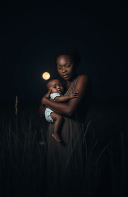 A striking image of a black woman holding a baby in a dark, vast field at night
